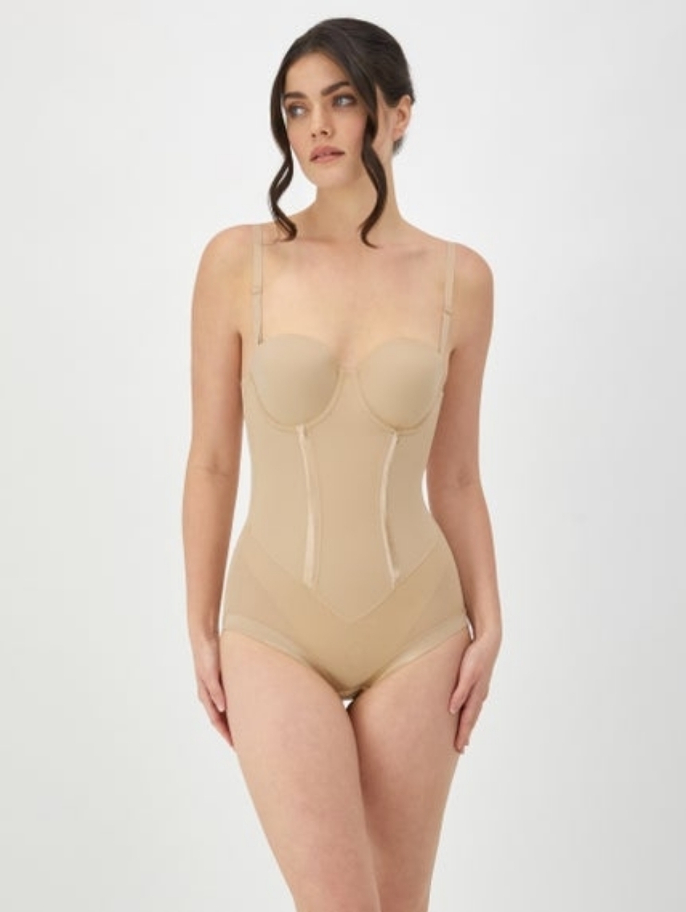 Tummy Control Shapewear Bodysuit, Convertible Built-In Underwire Bra 36D Latte